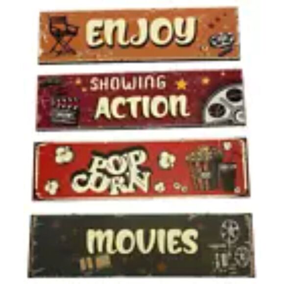 Movie Theater Decor Wooden Home Theater Room Decor Cinema Wall Art Lot Of 4 - Picture 2 of 5